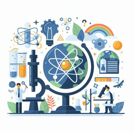 Science and education concept. Vector illustration in flat style with icons.のイラスト素材