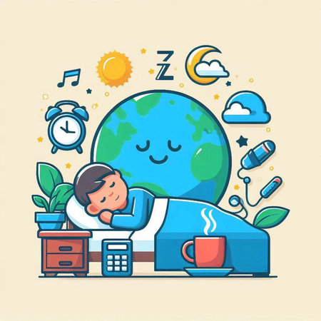 Illustration of a man sleeping on a bed with a pillow in his handのイラスト素材