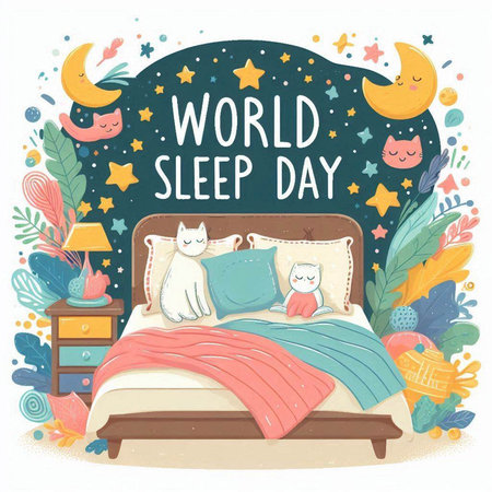 World Sleep Day. Cute cartoon vector illustration with cute cat sleeping in bed.のイラスト素材