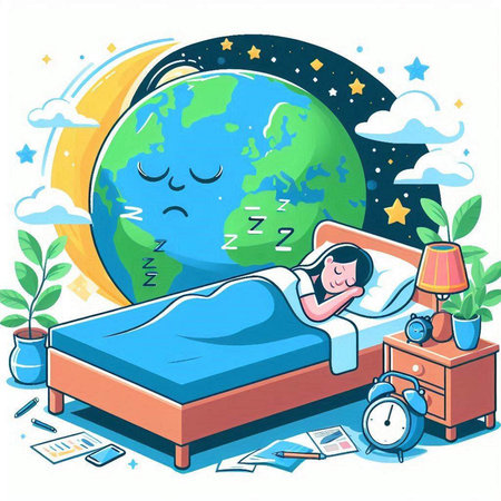 Illustration of a Girl Sleeping in the Bed with a World Mapのイラスト素材