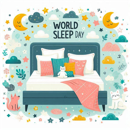 World Sleep Day. Cute cartoon bed with pillows and cat. Vector illustration.のイラスト素材