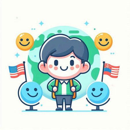 Cute cartoon boy with happy face and flag of USA. Vector illustration.のイラスト素材