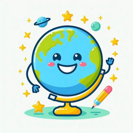 Cute world globe character with pencil and stars. Vector illustration.のイラスト素材