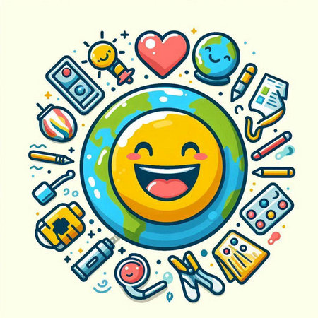 Cartoon planet earth with school supplies. Vector illustration for your designのイラスト素材