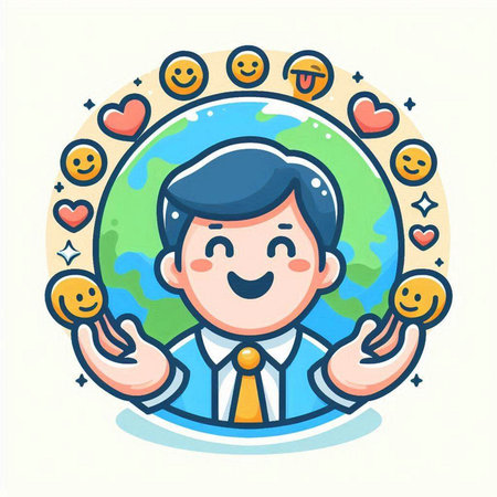 Vector illustration of happy businessman with globe and smiley emoticons.のイラスト素材