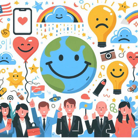Vector illustration of happy business people with social media icons in flat styleのイラスト素材