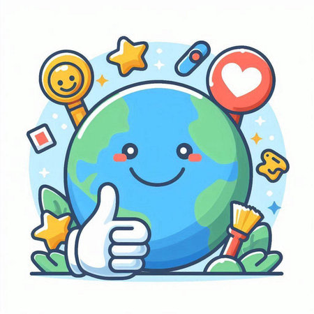 Cute cartoon globe character with thumbs up gesture. Vector illustration.のイラスト素材