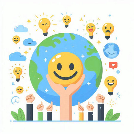 Hand holding happy earth with social media icons. Flat design vector illustration.のイラスト素材