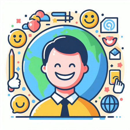 Vector illustration of happy man with social media icons around him. Line art style design for web, site, advertising, banner, poster, board and print.のイラスト素材