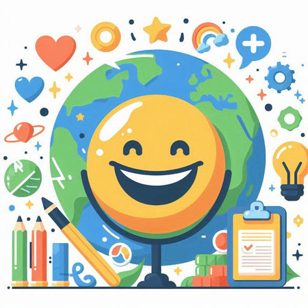 Cartoon globe character with smiley face. Vector illustration in flat style.のイラスト素材