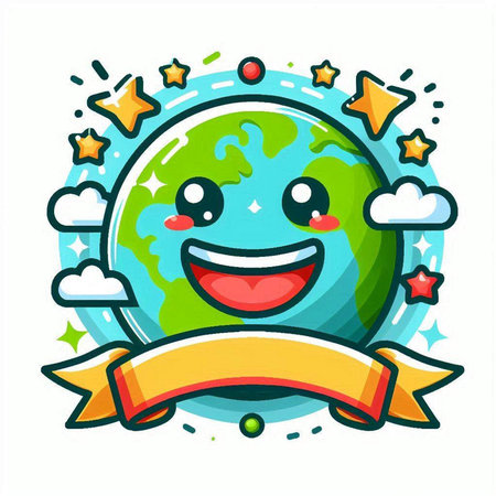 Happy planet earth with ribbon banner, vector cartoon character illustration isolated on white backgroundのイラスト素材