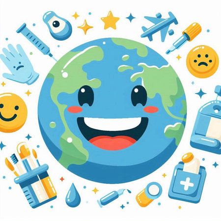 Illustration of a Smiling Planet Earth with Different Medical Iconsのイラスト素材