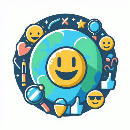Vector illustration of smiley face in circle with social media icons.のイラスト素材