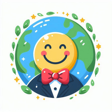 Vector illustration of a happy smiling man wearing a bowtie and holding a globe in his handsのイラスト素材