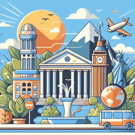 Travel and tourism concept with famous landmarks. Vector illustration in flat styleのイラスト素材