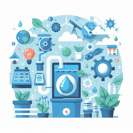 Vector illustration of water purification system in flat style with icons on white background.のイラスト素材