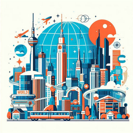 Modern city with buildings and skyscrapers. Vector illustration in flat styleのイラスト素材