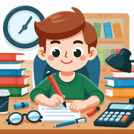 Cute boy doing homework at home. Vector illustration in cartoon style.のイラスト素材
