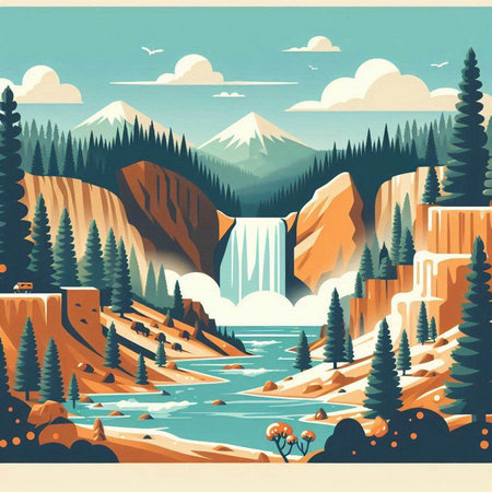Waterfall in the forest. Waterfall in the mountains. Vector illustration.のイラスト素材