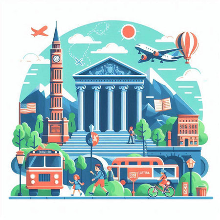 Traveling around the world concept with famous landmarks. Vector illustration in flat styleのイラスト素材