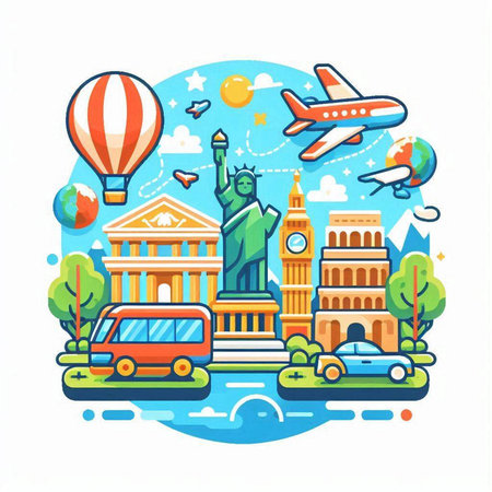Traveling around the world concept. Vector illustration in flat style.のイラスト素材