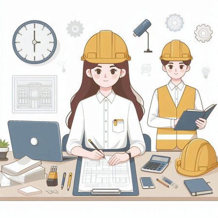 Illustration of a female architect working on a project with her teamのイラスト素材