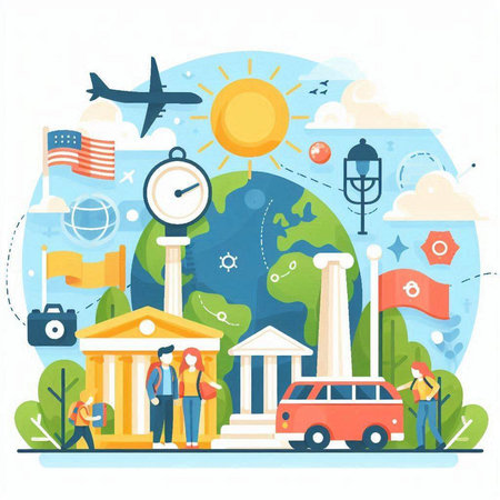 Flat design vector illustration concept of travel, tourism, journey around the world.のイラスト素材