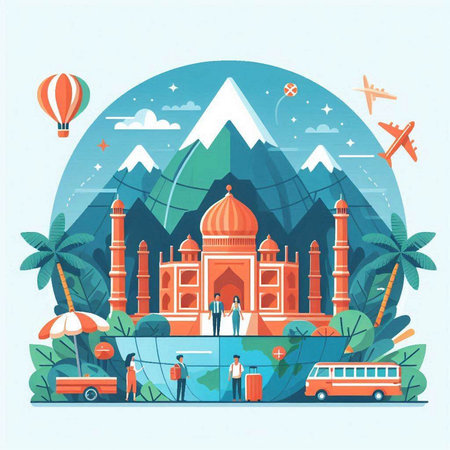 Taj Mahal in India, flat vector illustration. Travel and tourism concept.のイラスト素材