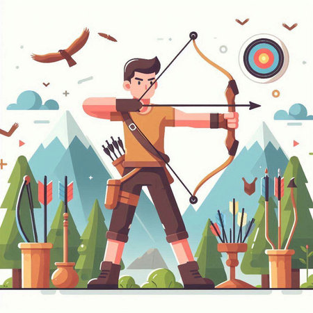 Archery man with bow and arrow vector illustration in flat cartoon style.のイラスト素材
