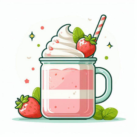 Strawberry milkshake with whipped cream. Vector illustration.のイラスト素材
