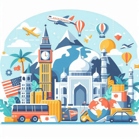 Travel around the world. Vector illustration in flat design style on white background.のイラスト素材