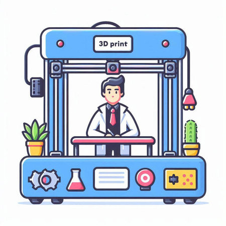3d printer in cartoon style on white background. Vector illustration.のイラスト素材