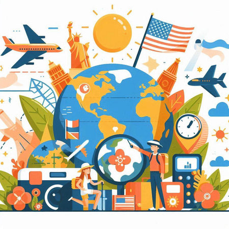 Traveling around the world concept. Vector illustration in flat style.のイラスト素材