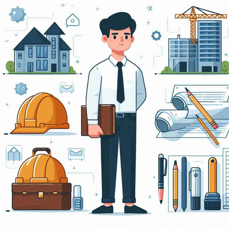 Architect with construction plans and tools. Vector illustration in flat styleのイラスト素材