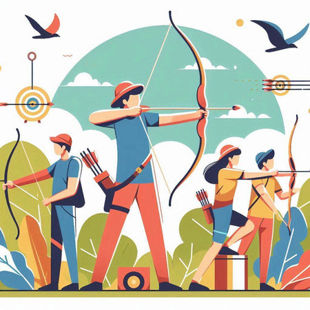 Archery sport flat vector illustration. Cartoon people characters aiming with bow and arrow.のイラスト素材