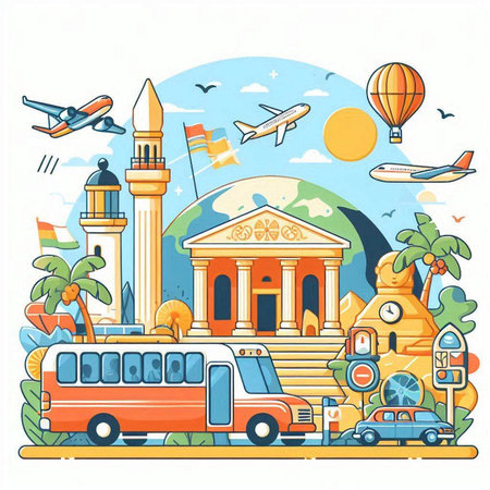 Traveling around the world. Colorful vector illustration in cartoon styleのイラスト素材