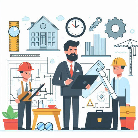Architects working on construction site. Vector illustration in flat styleのイラスト素材