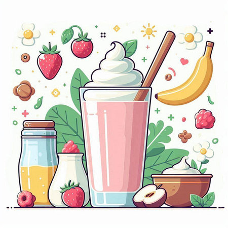 Milkshake in a glass and ingredients. Strawberry, banana, yogurt, coconut, honey. Vector illustration.のイラスト素材