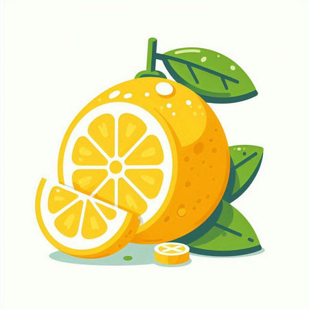 Vector illustration of lemon with green leaves isolated on white background. Flat style design.のイラスト素材