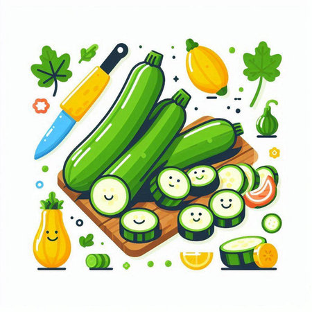 Zucchini vegetable flat vector illustration. Cucumber, zucchini, courgette, squash, courgette, squash, cucumber, tomato, cucumber, cucumber, onion, lemon, parsley. Vegetarian healthy food conceptのイラスト素材