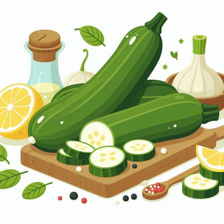 Zucchini on cutting board. Vector illustration in cartoon style.のイラスト素材