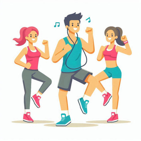 Group of young people running together. Healthy lifestyle concept. Vector illustrationのイラスト素材