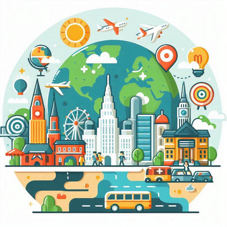 Travel around the world. Vector illustration in flat style. Travel around the world.のイラスト素材