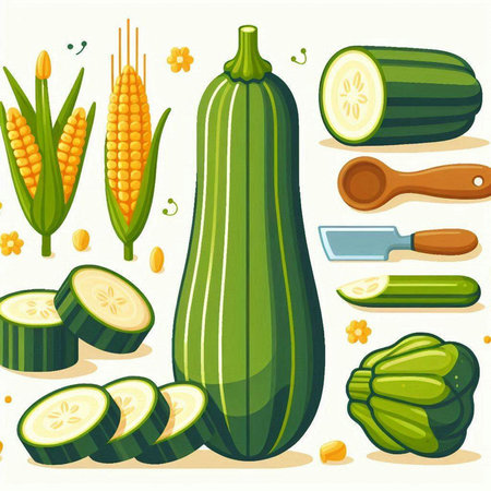 Vector illustration of a set of vegetables. Cucumbers, zucchini and cornのイラスト素材