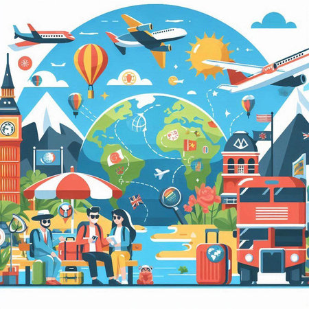 Travel around the world concept. Vector illustration in flat cartoon style.のイラスト素材