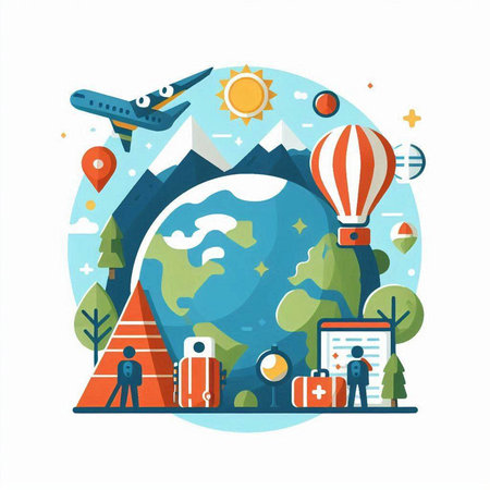 Travel and tourism concept. Flat design vector illustration. Traveling by air.のイラスト素材