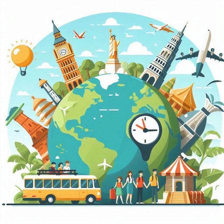 Travel around the world. Tourists traveling around the world. Vector illustrationのイラスト素材