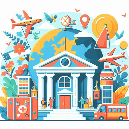 Travel and tourism concept. Vector illustration in flat style with icons of airport, plane, passport, ticket, globe, map, bus.のイラスト素材