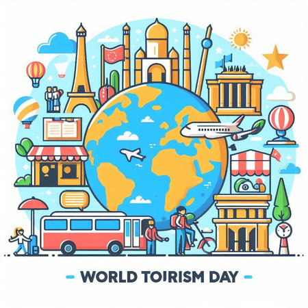 World Tourism Day concept with flat line icons on white background. Vector illustrationのイラスト素材