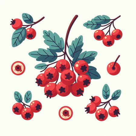 Set of red berries and leaves. Vector illustration in flat style.のイラスト素材